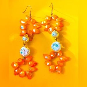 A splendid pair of Biwa pearl captured with Czech glass drop earrings